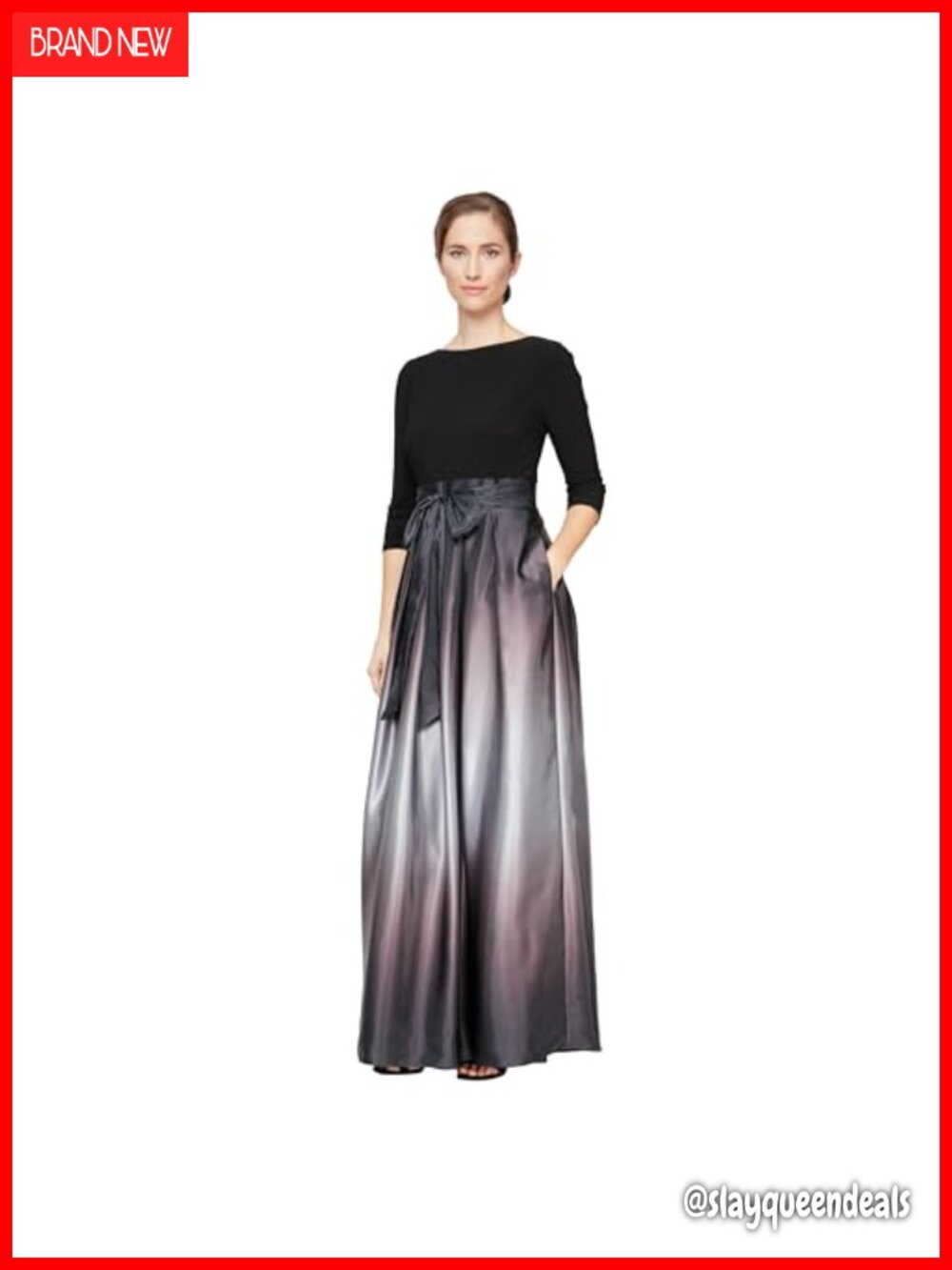 Satin Mother of the Bride Gown 3/4 Sleeve Formal Party Dress with Pockets